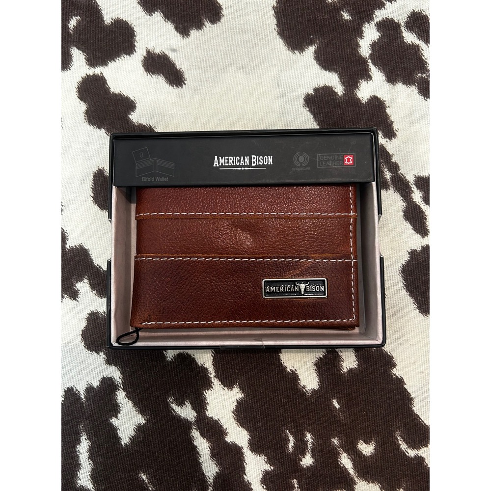 American Bison Mens Genuine Leather Bifold Wallet Brown Western RFID Secure NEW
